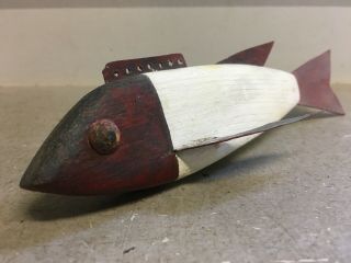 Vintage Folk Art 8 " Wooden Hand Carved Fishing Lure W/metal Fins