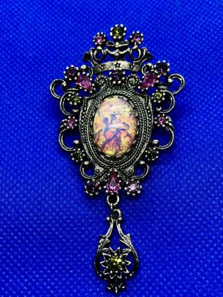 Vintage Signed Coventry Contessa Antiqued Gold Brooch Harlequin Glass Fire Opal