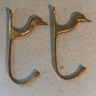 Pair 2 Vintage Solid Brass Duck Double Wall Coat Hat Towel Hook Large Antique