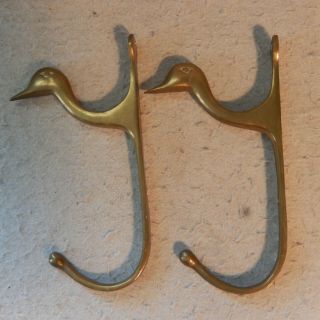 Pair 2 Vintage Solid Brass Duck Double Wall Coat Hat Towel Hook Large Antique 2
