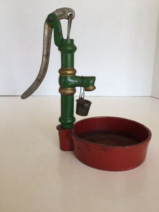 Antique Miniature Cast Iron Water Pump With Bucket Vintage Toy