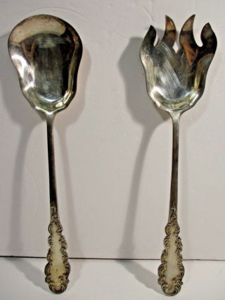 Vintage Salad Serving Fork And Spoon Set.  Both Stamped With Silver On Copper 12 "