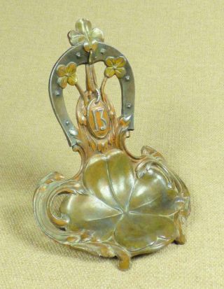Antique Cold Painted Spelter " Lucky " Pocket Watch Stand_4 - Leaf Clover,  Horseshoe