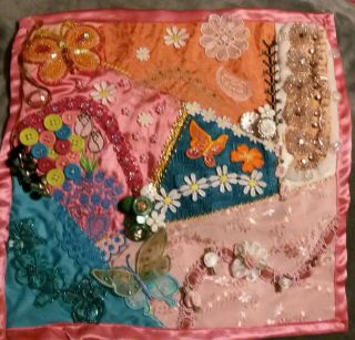 Vintage Style Hand Made Crazy Quilt Square Block Decorated Real Antique Fabric