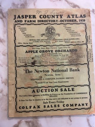 1939 Jasper County Iowa Atlas And Farm Directory 60 Pages Neat