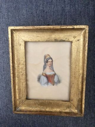 Antique Miniature Portrait Painting Of Lady On Silk