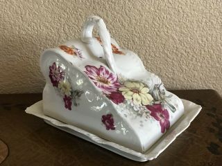 Antique Floral Porcelain Large Covered Cheese Butter Dish