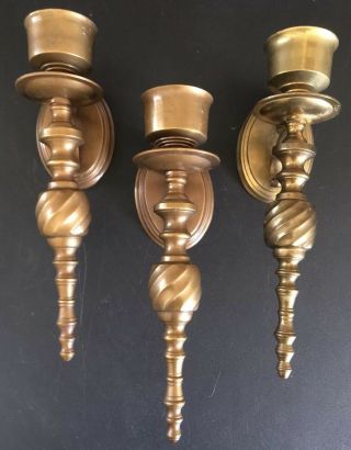 Vintage Set Of 3 Solid Brass Wall Candle Holders / Sconces 10 " Tall
