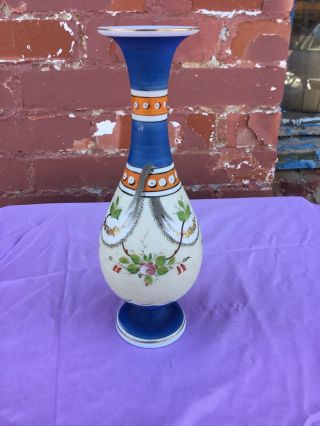 Antique Bohemian Glass Hand Painted Flower Vase - Czech Bristol Cream Blue