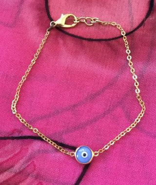 Vintage Antique Gold Blue Glass Evil Eye Protection Bracelet Vtg Estate Find