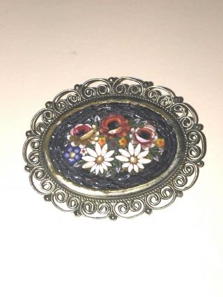 ANTIQUE Art Deco MADE IN ITALY MICRO MOSAIC OVAL FLORAL BROOCH PIN 2