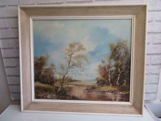 vintage old PAINTING oil canvas RIVER trees signed 2