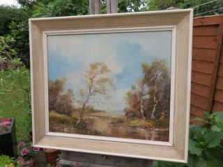 vintage old PAINTING oil canvas RIVER trees signed 3