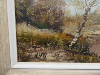 vintage old PAINTING oil canvas RIVER trees signed 4