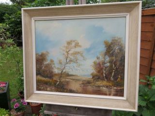vintage old PAINTING oil canvas RIVER trees signed 5