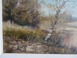 vintage old PAINTING oil canvas RIVER trees signed 7