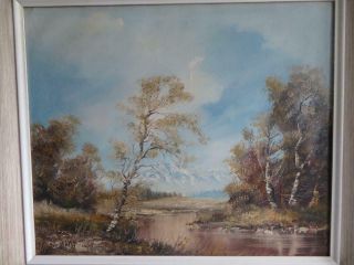 vintage old PAINTING oil canvas RIVER trees signed 8