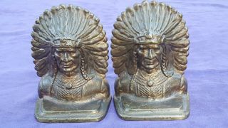 Vintage Antique Indian Head Bookends Cast Solid Brass Art Deco Native American
