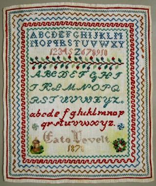 1878 Antique Dutch Colorful Wool Work Alphabet Cross Stitch Sampler