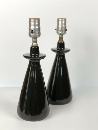 Vtg Mid Century Modern Black Ceramic Table Lamps; Small,  Matching Pair,  50s 60s