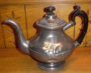 Antique Pewter Teapot W/ Wood Handle - Many Dents