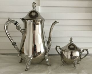 Vintage Victorian British Silver Coffee Tea Pot & Sugar Bowl 18th Century Style