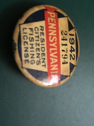 Vintage 1942 Pennsylvania Resident Fishing License Pin Badge Pinback Button
