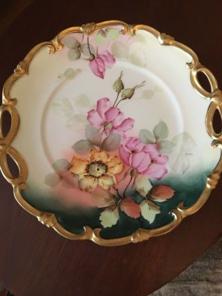 Antique Vienna Austria Porcelain Handpainted Handled Cake Plate Pink/green Flora