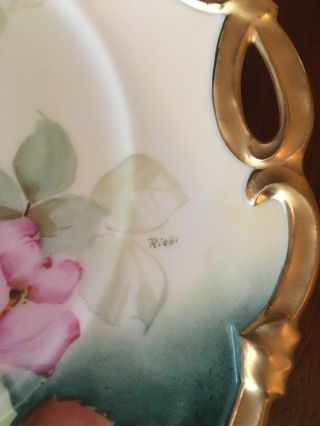 Antique Vienna Austria Porcelain Handpainted Handled Cake Plate Pink/Green Flora 2