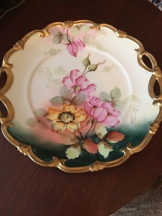 Antique Vienna Austria Porcelain Handpainted Handled Cake Plate Pink/Green Flora 3
