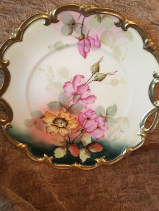 Antique Vienna Austria Porcelain Handpainted Handled Cake Plate Pink/Green Flora 4