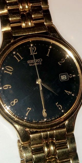 Vintage Classic Mens Seiko Gold Link Watch Black Face Date Water Resistant Euc