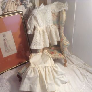 Vintage 13 " Cotton Eyelet Doll Dress With Lace Trim - Slip