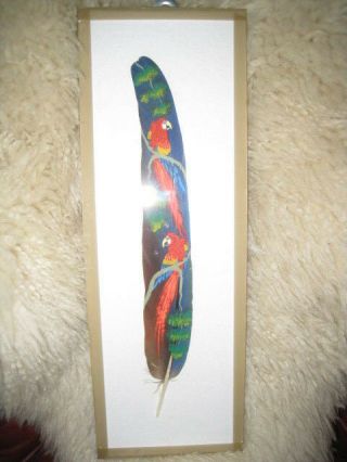Vintage Parrot Bird Painting Picture On Real Feather Colorful