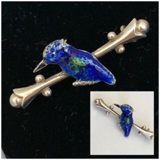 Vintage Antique Jewellery Silver & Enamel Blue Bird On Branch Brooch Pin