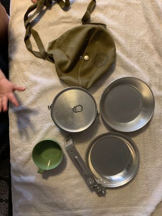 Vintage Boy Scouts Of America Mess Kit & Bag Regal Bsa Pot Plate Cup Handle