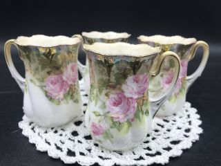 Antique Pink Rose Flower,  Green And Gold Trim Demitasse Tea Cups,  Set Of 4