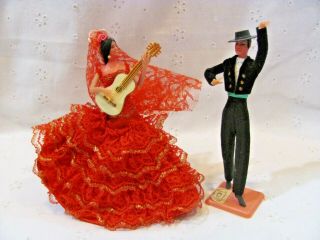 Vintage Set Marin Chiclana Spanish Flamenco Dancer 5 " Dolls W/ Guitar