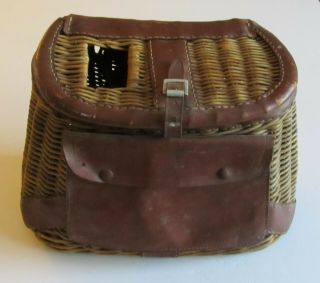 Vintage Woven Wicker Fishing Creel With Leather Bindings And Front Tackle Pouch
