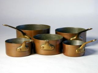 Antique 5 Piece Set Of French Copper And Brass Pans,  Measurers Made In France