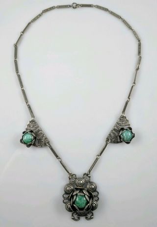 Vintage Art Deco Czech Peking Green Glass Sterling Silver Clasp Antique Necklace