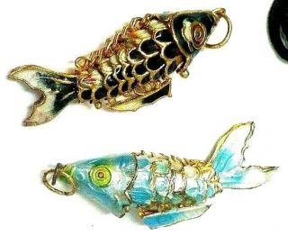 2 Estate Antique Victorian Enamel Gold Koi Fish Pendants