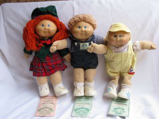 3 Vintage Cabbage Patch Dolls 1980’s Girl,  Boy & Preemie Boy Birth Certificates