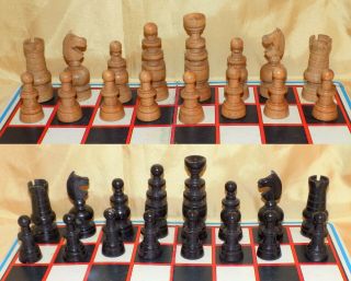 Antique / Vintage Quality Hand Crafted Wood Large Regency Style Chess Piece Set