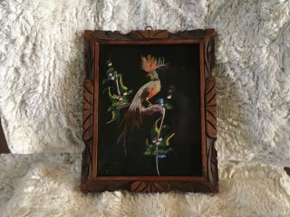 Vintage Mexican Carved Frame With Folk Art Bird Made Of Feathers