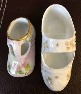 2 Vintage Hand Painted Porcelain Antique Baby Boot Shoe Floral Limoges ?