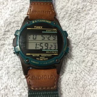 Vintage Timex Expedition Watch Indiglo Chrono Green Brown Fabric Leather 100M 3