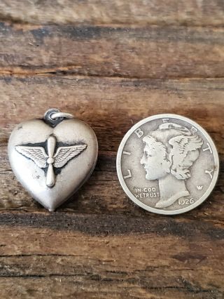 Antique Sterling Silver Wwii Army Air Corp Wings On A Puffy Heart Charm