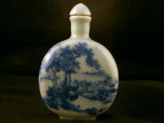 19thc Chinese Blue & White Porcelain Landscape Flat Snuff Bottle L012