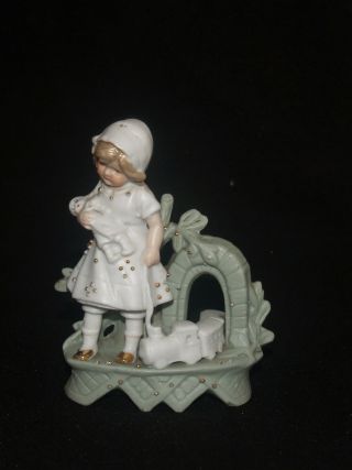 Antique Victorian Bisque Porcelain Bud Vase Figural Girl Child Doll Toy Train